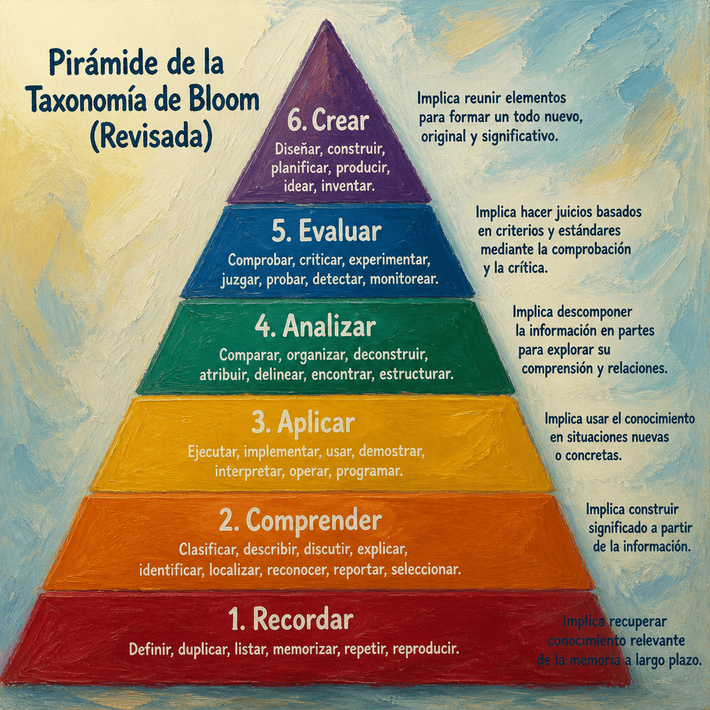 Revised Bloom's Taxonomy pyramid showing six levels of learning: Remember, Understand, Apply, Analyze, Evaluate, and Create
