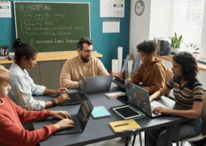 Docente y cuatro estudiantes trabajando con portátiles en un aula, con una pizarra sobre cómo redactar buenos prompts de IA